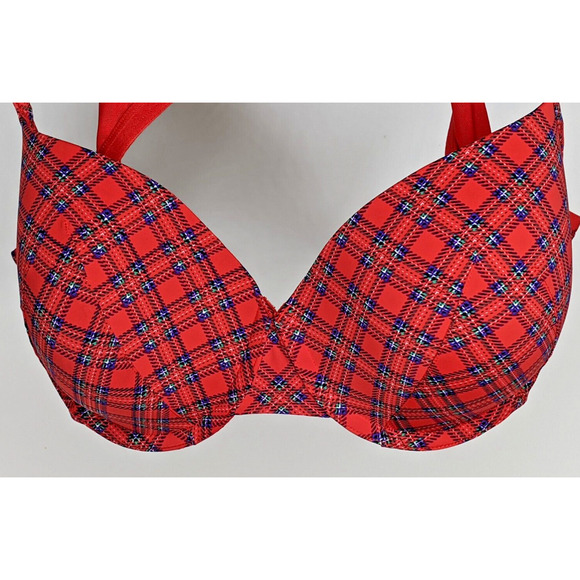 Lane Bryant Cacique Bra 44C Lightly Lined Plunge Red Blue Green Plaid - Picture 7 of 7